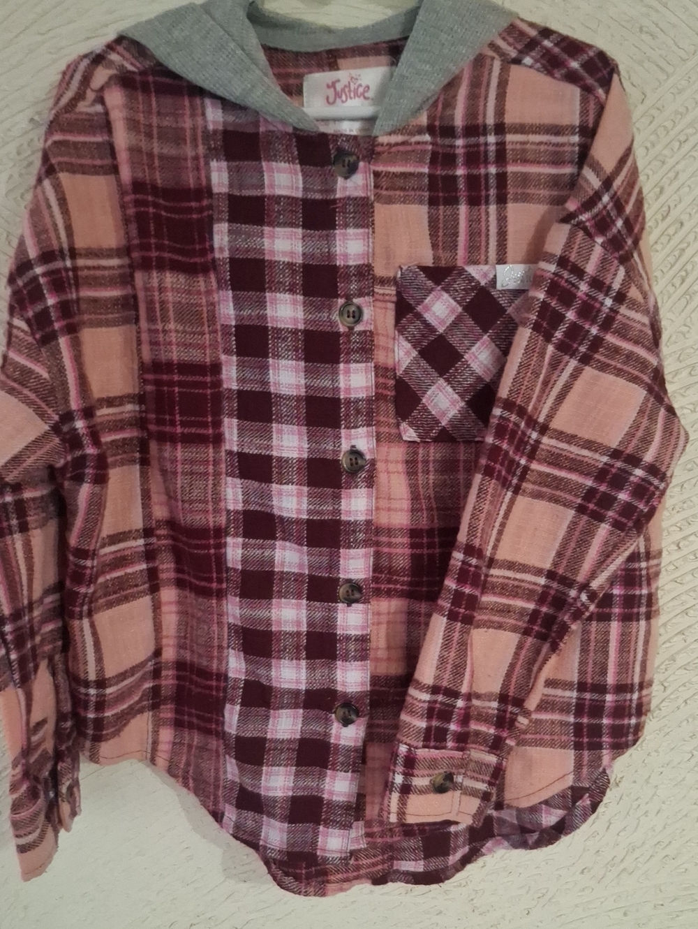 Justice Girls' Pink Plaid Button-Up Shirt with Hood